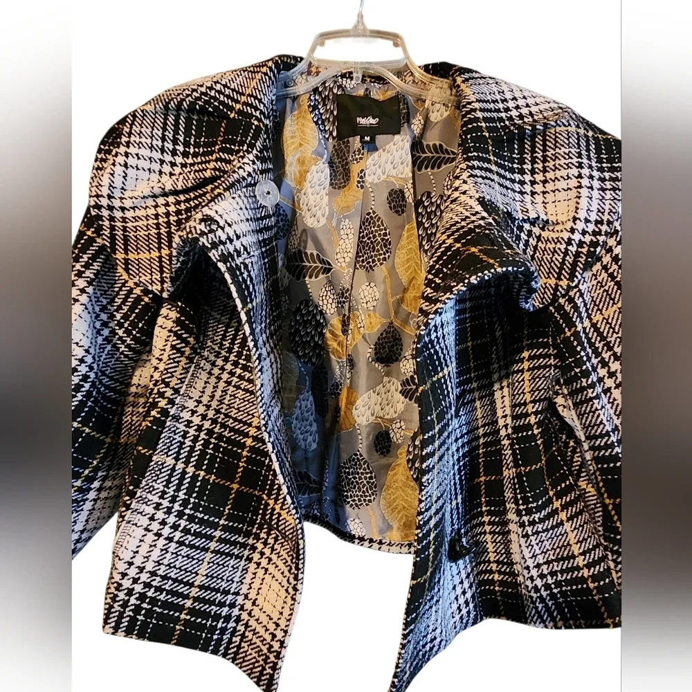Mossimo Womens Cropped Coat Wool Blend Black White Mustard Plaid Size M